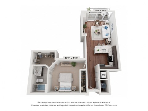 Floor plan for 1 bed, 1 bath, 797 sqft